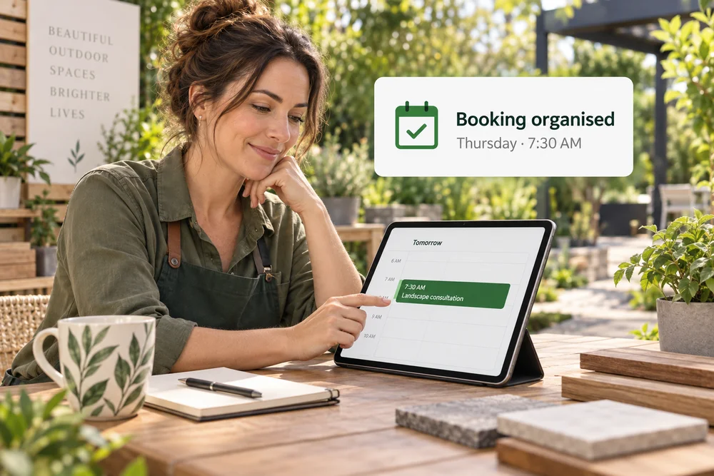 AI illustration: a service-business owner reviews an organised calendar booking