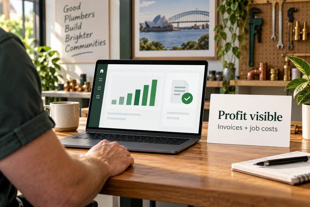 AI illustration: invoices and job costs made visible in a business profit dashboard
